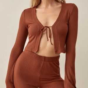 Reformation Two Piece Set Mirabel Chestnut Crop Cardigan and Knit Pant Small NWT